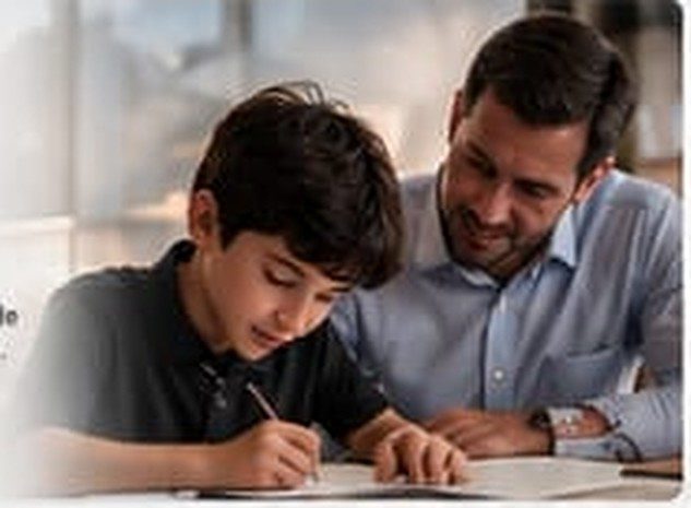 Pai e filho estudando juntos à mesa
